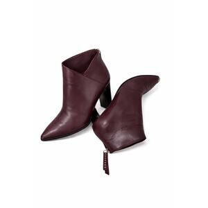 PAIGE Burgundy Leather Pointed-Toe Ankle Boots with Studded Zip Detail Size 10